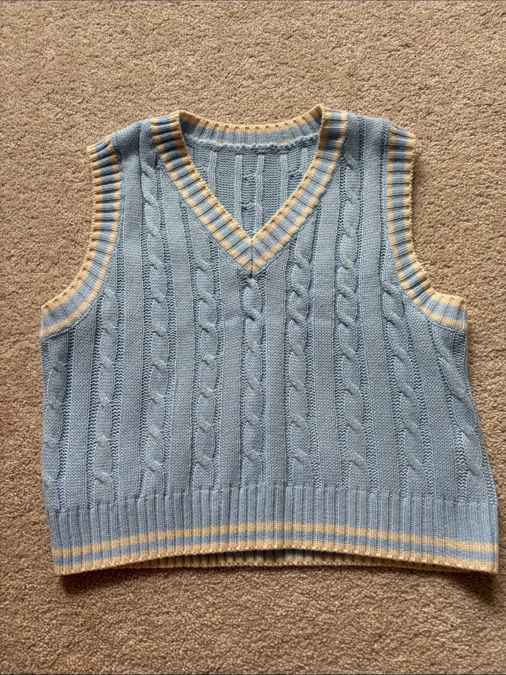 Cable Knit V-Neck Sweater Vest in Light Blue and Cream